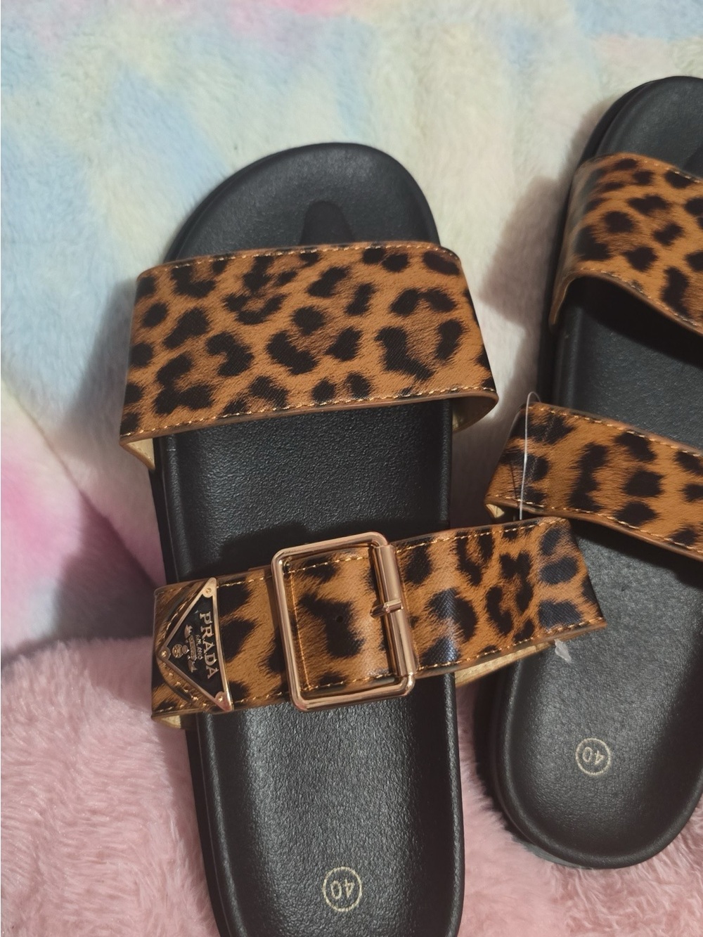 Prada Leopard Print Buckle Slide Sandals - Black & Brown